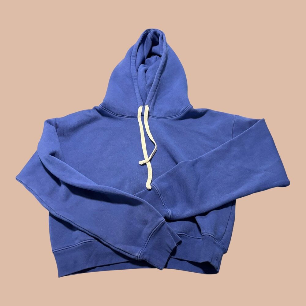 J.Crew Cropped Hoodie Womens M Blue Fleece Lined Long Sleeve Drawstring Pullover